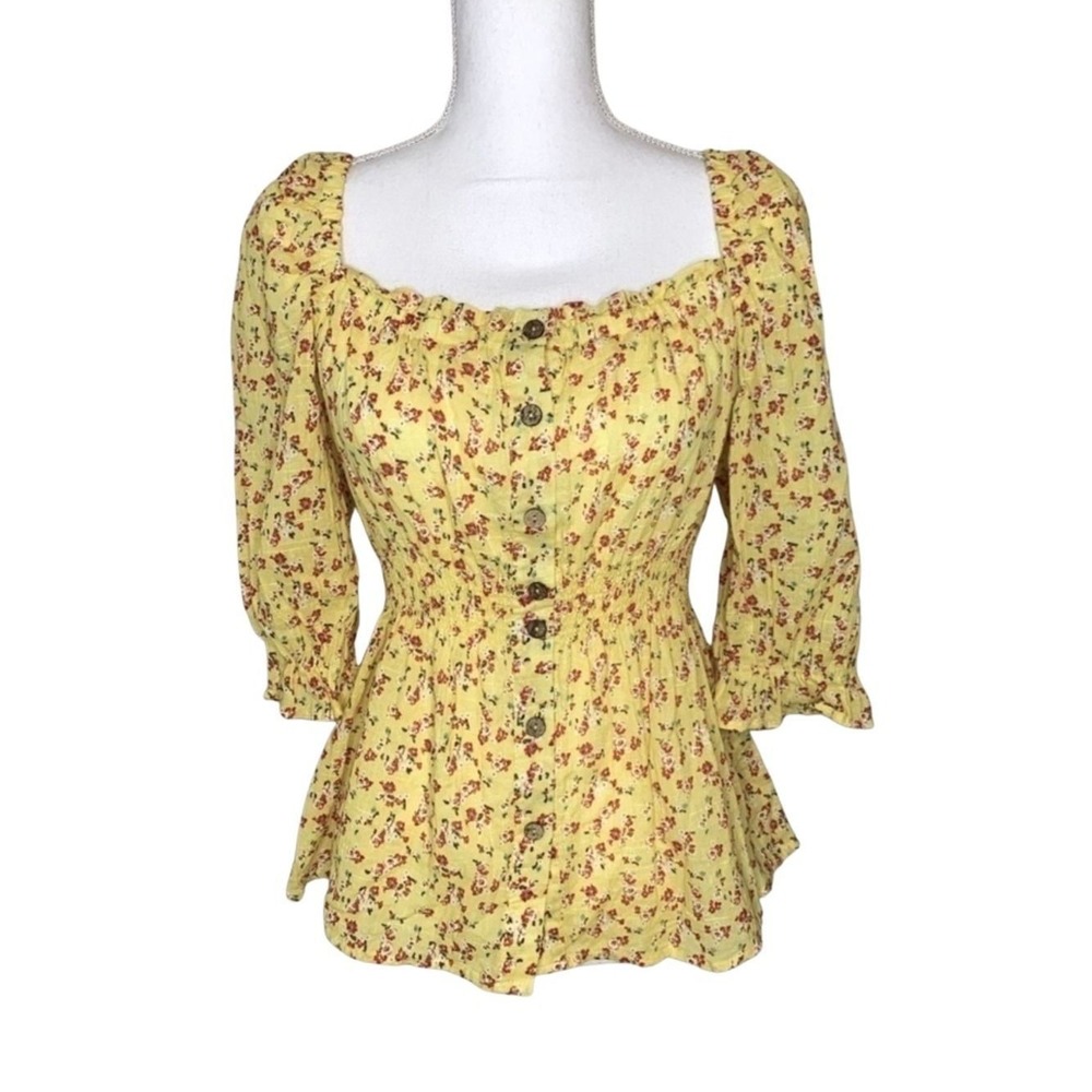 Life Floral Yellow Top Blouse Boho Smocked Button Down Women Medium 100% Cotton
